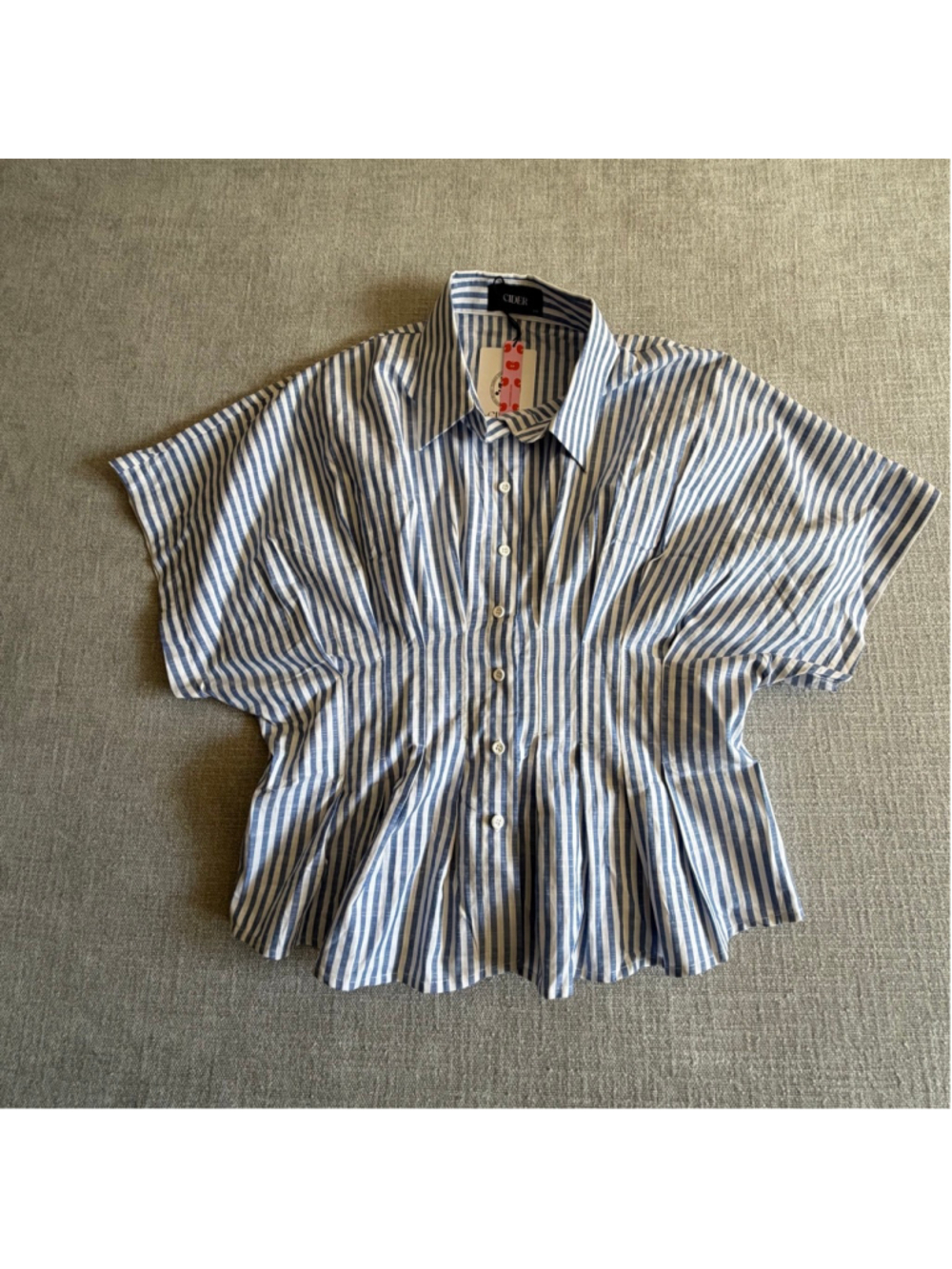 Cider COTTON-BLEND COLLAR STRIPE PLEATED CINCHED WAIST SHIRT blue and white 0X - Picture 3 of 12